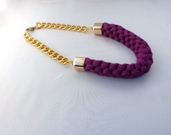 Christmas Gift, Statement Necklace, Gift, Purple Necklace, Woven Necklace, Knot Necklace, Bib Necklace, Chunky Necklace, Fabric Necklace