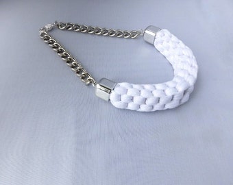 Christmas Gift, Gift For Woman, Gift, White Statement Necklace, White Chunky Necklace, Braided, White Bib Necklace, White Woven Necklace