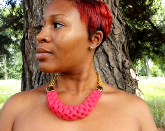 Gift, Christmas Gift, Gift For Her, Gift For Woman, Statement Necklace, Red Necklace, Bib Necklace, Woven Fabric Necklace, Chunky Necklace