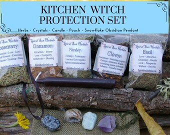 Kitchen Witch spell Protection Kit, 5 dried herbs, 4 crystals, snowflake obsidian sterling pendant, pouch, witchcraft herbal and gem kit