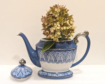 Vintage BOMBAY Arabesque Blue & White Teapot with Platinum Trim
