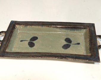 Rectangular 11''x5.5''  Signed Ceramic Serving Tray with Handles – Leaf Design | Elegant Tableware & Home Decor