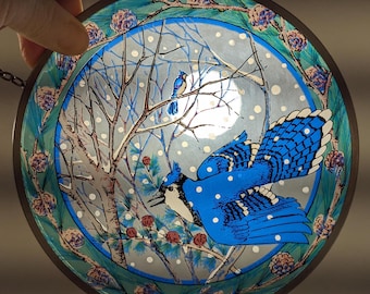 Vintage Stained Glass Suncatcher / Blue Jay Suncatcher / Stained Glass Window Hangings Birds Suncatcher / Gifts