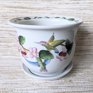 Vintage Oriental Planter / Hand Painted Chinoiserie Porcelain Planter With Flowers and Hummingbirds /  Porcelain Attached Saucer Plant Pot