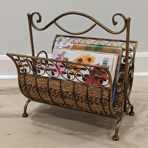 Vintage Magazine or Newspaper Rack / Bohemian Boho Folding Wicker and Metal Magazine Rack