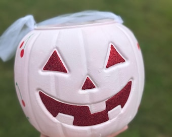 Hand painted cherry Pumpkin Pail, customizable Halloween candy bucket, Boo Basket