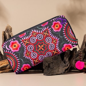 Portefeuille/porte-monnaie pour femme, pochette rose brodée en zigzag Hmong Tribe, sac à main bohème, sac bohème - WA301FCPIN