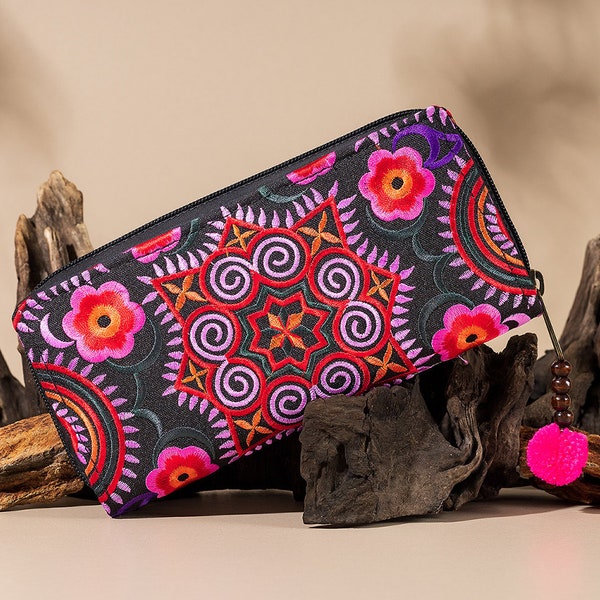 Women's Wallet/Purse, Pink Zigzag Hmong Tribe Embroidered Clutch Wallet, Boho Purse, Bohemian Bag - WA301FCPIN