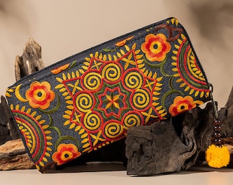 Hmong Embroidered Wallet, Yellow Boho Clutch, Ethnic Purse - WA301FCYEL