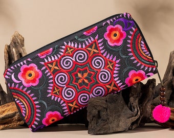 Hmong Tribe Embroidered Clutch Wallet, Pink Stars Bohemian Purse - WA301FCPIN