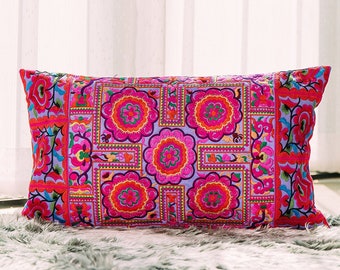 12x20 Purple Circle Pattern Cushion Cover, Hmong Embroidered Pillow Cases, Boho Pillow Cover, Hippie Cushion Cover - CS10-2PUR