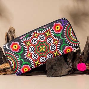 Sac à main pour femme brodé tribu Hmong avec motif en zigzag, portefeuille bohème, portefeuille bohème, sac à main portefeuille hippie - WA301FCMUL