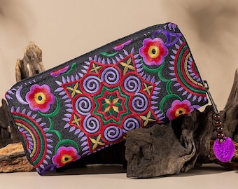 Handcrafted Boho Wallet for Women, Hmong Tribe Embroidered Purse with Purple Zigzag Pattern, Hippie Clutch Wallet - WA301FCPUR