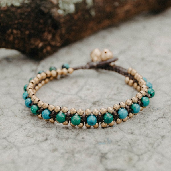 Chrysocolla Brass Bead Bracelet, Bracelet artisanal pour femme, Bracelet, Bracelet Boho, Bracelet Gypsy - JE0000-00-GRE