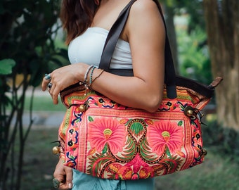 Unique  Women's Shoulder Bag with Hmong Embroidered, Genuine Leather Straps, Flower Beach Tote for Woman  - BG0020-00-YEL