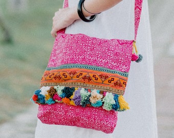 Handcrafted Batik Crossbody Bag with Vintage Hmong Hill Tribe Embroidered, Tassels, Pink Boho Sling Bag for Women, Hippie Bag - BG505BAPIN