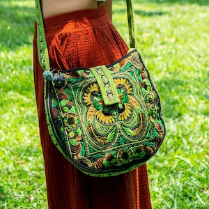 Green Bird Pattern Crossbody Bag with Hmong Tribe Embroidery, Boho Round Crossbody Bag, Hippie Crossbody Bag from Thailand - BG303GREB