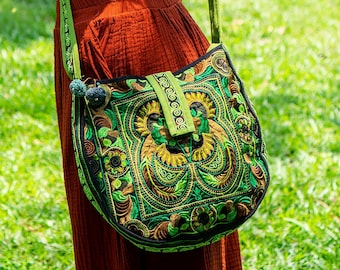Green Bird Pattern Crossbody Bag with Hmong Tribe Embroidery, Boho Round Crossbody Bag, Hippie Crossbody Bag from Thailand - BG303GREB
