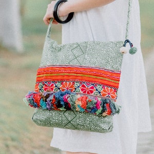 One of a Kind Crossbody Bag for Women, Hmong Embroidered Bag from Thailand, Handmade Batik Bag in Green, Colorful Tassels Bag - BG505BAGRE