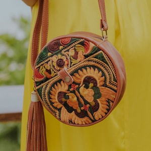 Yellow Bird Pattern Leather Round Crossbody Bag for Women, Unique Hmong Embroidered Crossbody Bag BG0048-01-YEL image 1