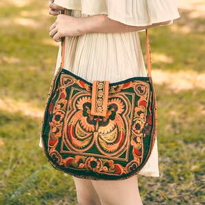 Gelbes Vogelmuster Hmong Crossbody Bag für Frauen, gestickte Crossbody-Tasche, Boho Tasche, Hippie-Tasche, Handwerker-Tasche - BG303ORGBLS