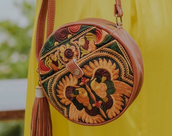 Yellow Bird Pattern Leather Round Crossbody Bag for Women, Unique Hmong Embroidered Crossbody Bag - BG0048-01-YEL