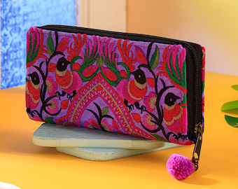 Peacock Pattern Wallet Handmade by Hmong Tribe in Thailand, Unique Embroidery Wallet for Women, Hippie Purse with Pom Pom - WA301PURP