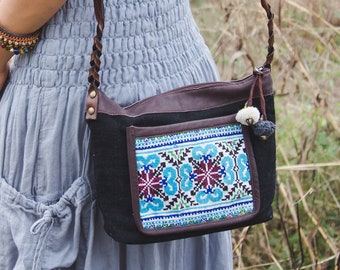 Unique Crossbody Purse for Women with Hmong Embroidered, Boho Purse with Pom Pom,  Sling Bag in Black - BG522BLAV