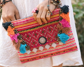 Hmong Embroidered Clutch Bag for Women, Unique Handbag with Colorful Tassel, Handcrafted Women Purse, Boho Clutch Bag - BG501VVR