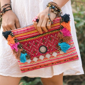 Hmong Embroidered Clutch Bag for Women, Unique Handbag with Colorful Tassel, Handcrafted Women Purse, Boho Clutch Bag - BG501VVR