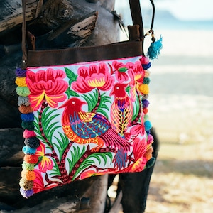 2 Bird Bohemian Style Crossbody Bag with Hmong Embroidered, Pom Poms, Fair Trade Sling Bag for Women, Boho Crossbody Bag - BG0037-01-WHI