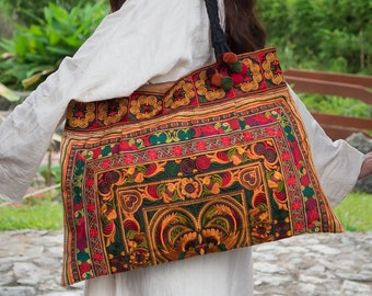 Yellow Bird Pattern Tote Bag with Hmong Hill Tribes Embroidered, Ethnic Beach Tote Bag, Handcrafted Shoulder Bag - BG301ORGB