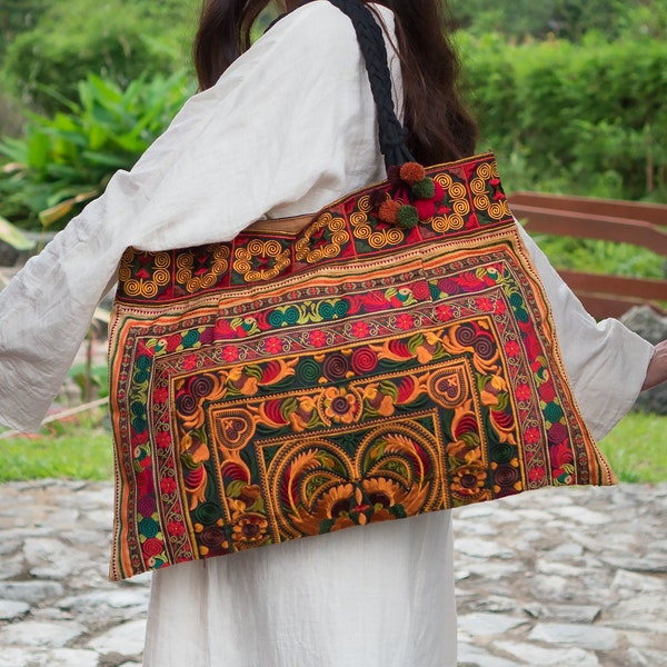 Yellow Bird Pattern Tote Bag with Hmong Hill Tribes Embroidered, Ethnic Beach Tote Bag, Handcrafted Shoulder Bag - BG301ORGB