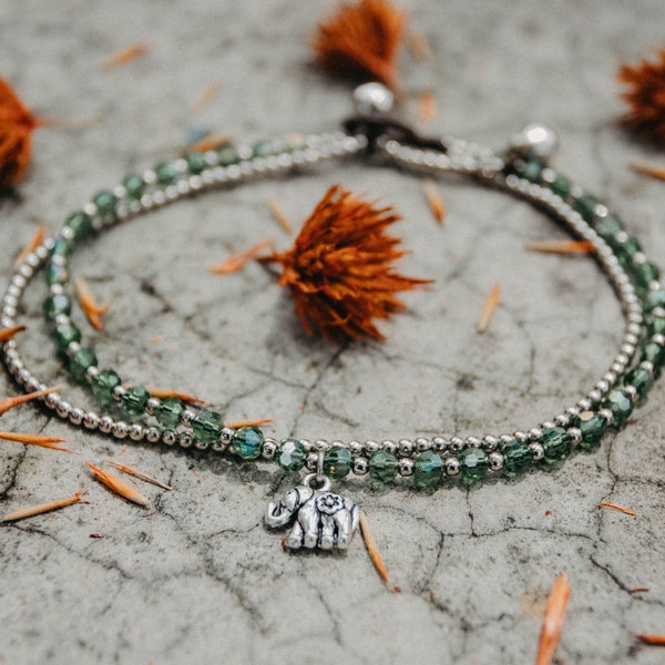 Silver Elephant Green Jade Anklet Bracelet, Festival Anklet, Boho Anklet, Bohemian Anklet, Gypsy Anklet, Artisan Anklet - JE0017-00-GRE