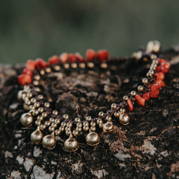 Red Coral Bohemian Style Anklet Bracelet, Brass Bells Anklet, Hippie Anklet, Unique Gypsy Anklet, Unique Gift for her - JE0009-00-RED