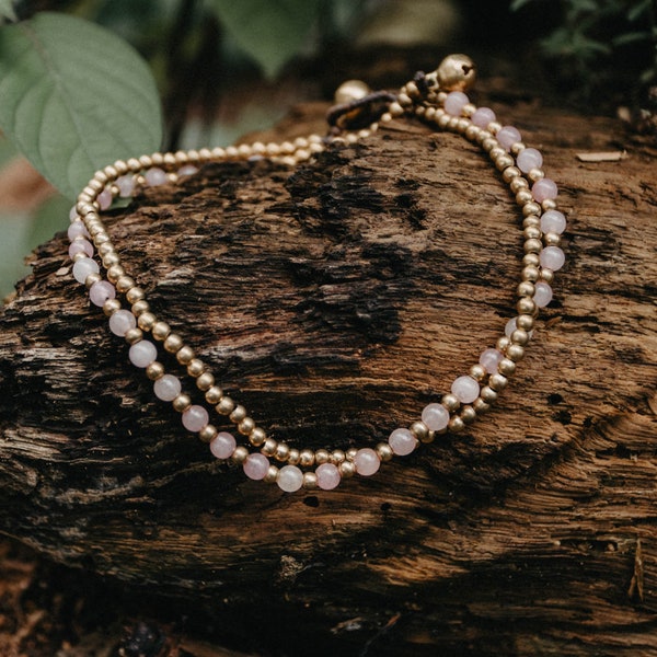 Rose Quartz Brass Bead Chain Women's Anklet Bracelet, Boho Anklet, Bohemian Anklet, Hippie Anklet,  Gift for Her - JE0016-00-PIN