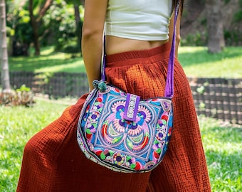 Colorful Bird Pattern Crossbody Bag with Hmong Tribe Embroidery, Boho Round Crossbody Bag, Hippie Crossbody Bag - BG303CB
