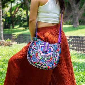 Colorful Bird Pattern Crossbody Bag with Hmong Tribe Embroidery, Boho Round Crossbody Bag, Hippie Crossbody Bag BG303CB image 1