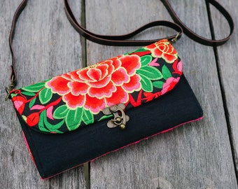 Floral  Boho Crossbody Purse/Wallet for Women, Hmong Tribe Embroidered Woman's Wallet, Unique Purse from Thailand - BG0014-05-BLA