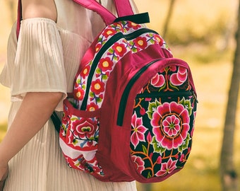 Embroidered Hmong Backpack, Floral Pattern, Boho Tribal Bag - BG315BLAW