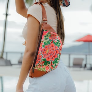 Floral Embroidery Waist Bag, Vintage Pu Leather Crossbody Bag