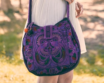 Purple Bird Pattern Crossbody Bag with Hmong Embroidery, Round Crossbody Bag for Women, Boho Bag, Bohemian Bag - BG303PURBLS