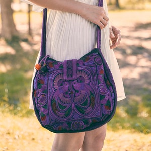 Purple Bird Pattern Crossbody Bag with Hmong Embroidery, Round Crossbody Bag for Women, Boho Bag, Bohemian Bag - BG303PURBLS