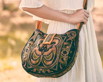 Boho-style linen, embroidery cross-body bag, H'mong tribal pattern