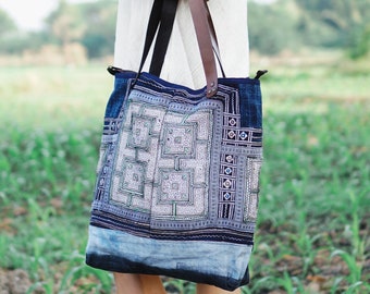 Unique One of a Kind Women's Tote Bag, Welcome Bag with Vintage Hmong Embroidered Fabric, Leather Strap,  Tote Bag for Woman