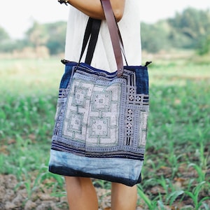 Unique One of a Kind Women's Tote Bag, Welcome Bag with Vintage Hmong Embroidered Fabric, Leather Strap, Tote Bag for Woman image 1