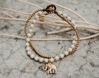 White Turquoise Charm Bracelet with Brass Elephant for Women, Boho Bracelet, Hippie Bracelet,  Festival Bracelet - JE0007-00-WHI