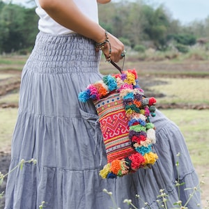 Vintage Hmong Hill Tribe Embroidered Clutch with Colorful Hairs and Pom Pom for Women, Boho Clutch Bag, Bohemian Purse in Orange BG521VORG image 2