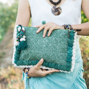 Green and White Pom Pom Batik Clutch/Ipad Holder  Handbag from Thailand  - BG515BAGRE