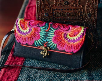 Flower Hmong Embroidered Crossbody Wallet/Purse in Red, Boho Wallet for Woman, Bohemian Wallet, Ethnic Purse from Thailand - BG0014-02-BLA